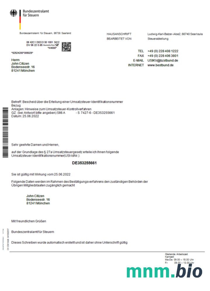 Germany Bundeszentralamt für Steuem certyfikat Word i PDF szablon